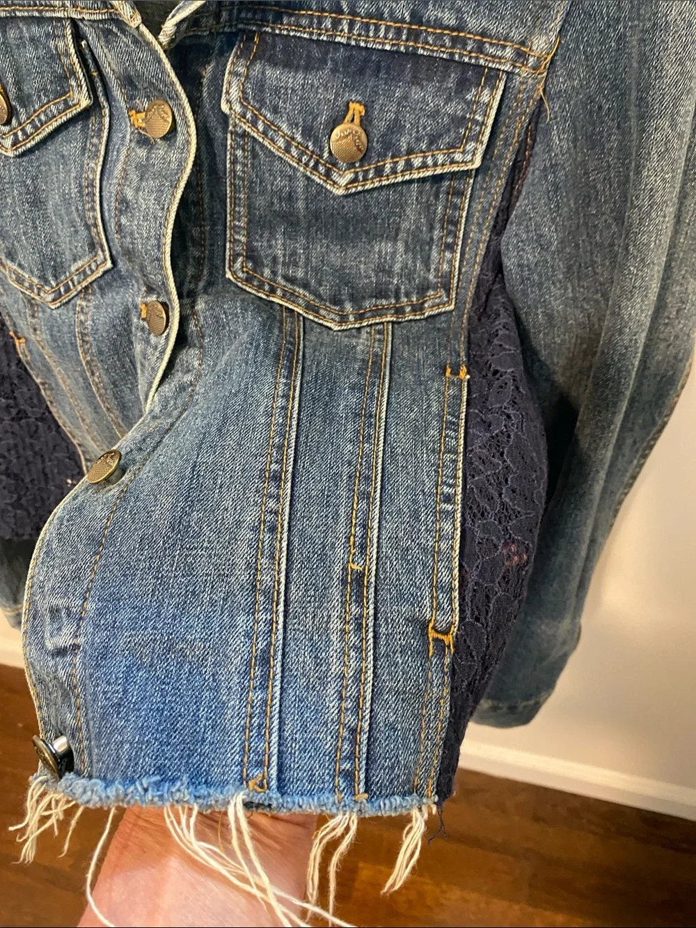 Free People Lace and Blue Denim Jacket with Contrast Stitching NWOT - Picture 7 of 9